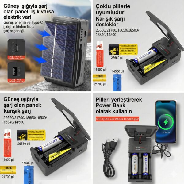 Güneş Enerjili Çoklu Pil Şarj Cihazı ve Powerbank - 18650/26650 Uyumlu