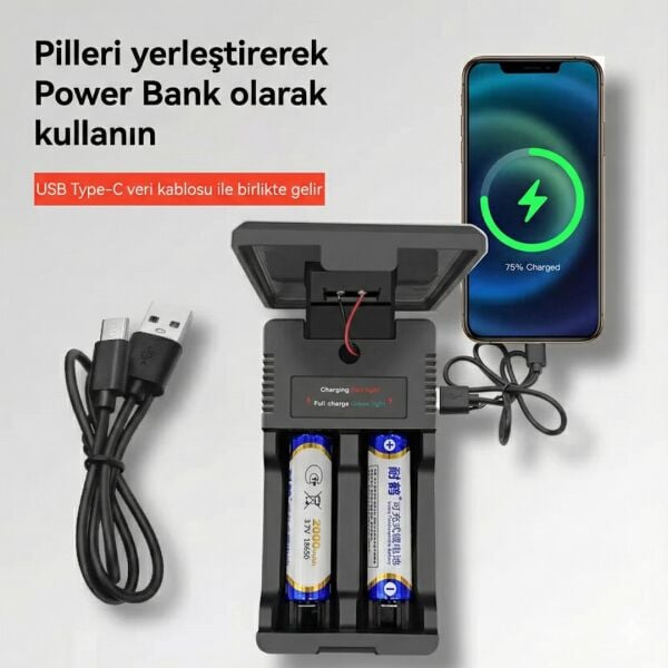 Güneş Enerjili Çoklu Pil Şarj Cihazı ve Powerbank - 18650/26650 Uyumlu