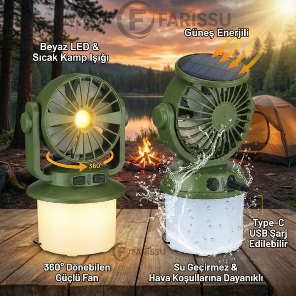 OR-F803 Solar Güneş Enerjili ve USB Şarjlı Fanlı Kamp Lambası - 1800mAh Batarya, IP55 Su Geçirmez, Çift Işık Modlu