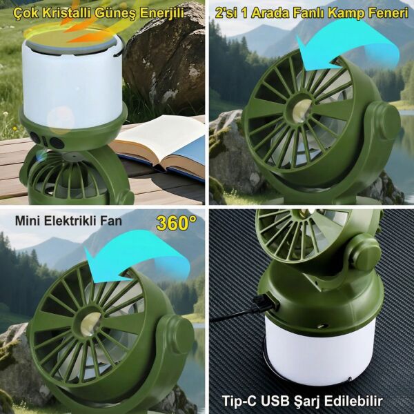 OR-F803 Solar Güneş Enerjili ve USB Şarjlı Fanlı Kamp Lambası - 1800mAh Batarya, IP55 Su Geçirmez, Çift Işık Modlu