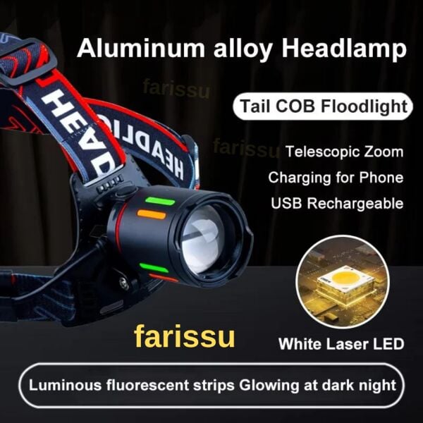 Alaska Profesyonel 30W Lazer LED Şarjlı Kafa Lambası | 1 KM Menzil | Zoom + Powerbank Özellikli