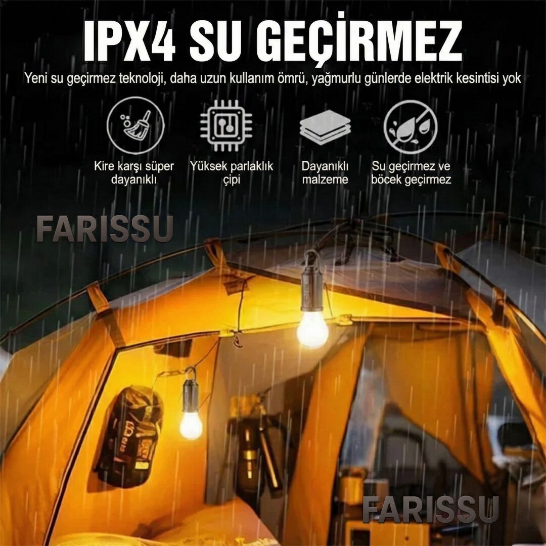 ALASKA USB & Güneş Enerjili Kamp Lambası – Askılı, IPX4 Suya Dayanıklı, 4 Modlu Taşınabilir LED Ampul