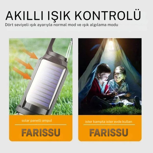 ALASKA USB & Güneş Enerjili Kamp Lambası – Askılı, IPX4 Suya Dayanıklı, 4 Modlu Taşınabilir LED Ampul