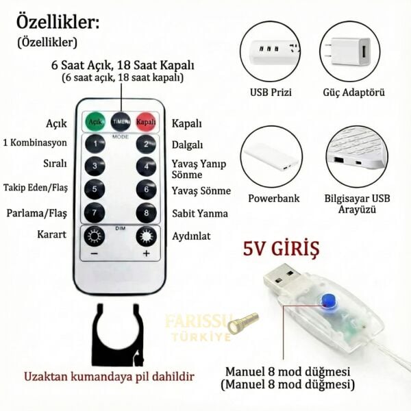 USB Kumandalı LED Perde Işık 3 Metre Gün Işığı 8 Mod – Yılbaşı, Oda ve Ev Dekorasyonu