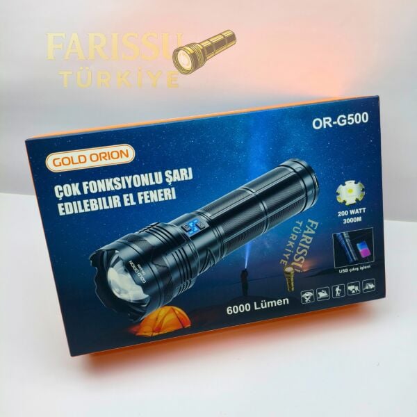 Gold Orion OR-G500 6000 Lümen Şarjlı El Feneri – 200W Güç, Powerbank Özellikli, Uzun Menzili