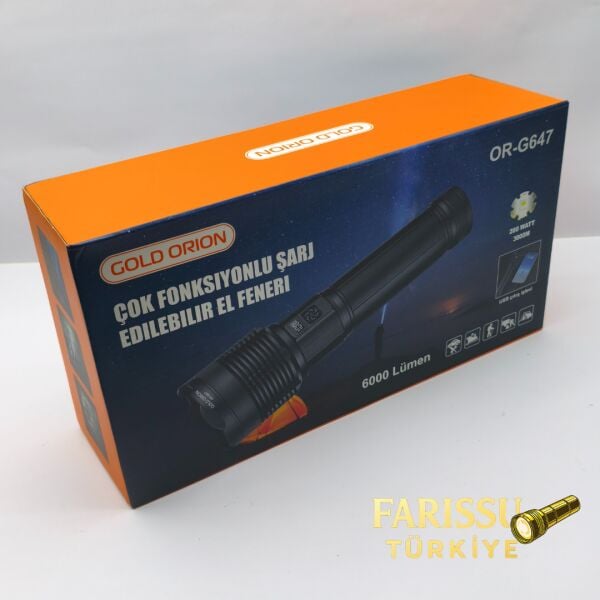Gold Orion OR-G647 6000 Lümen Şarjlı Zoomlu El Feneri – 20000 mAh Li-ion Pil, Profesyonel Güç
