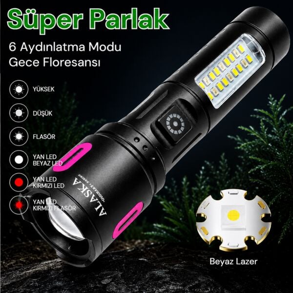 Alaska Şarjlı LED El Feneri | 1500–2000 Lümen | Zoomlu 500–600 m | Çift Işık Modlu | Type-C Şarjlı