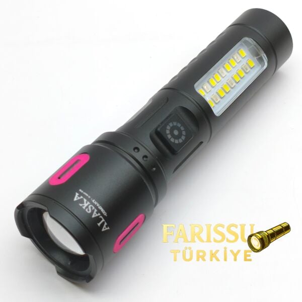 Alaska Şarjlı LED El Feneri | 1500–2000 Lümen | Zoomlu 500–600 m | Çift Işık Modlu | Type-C Şarjlı