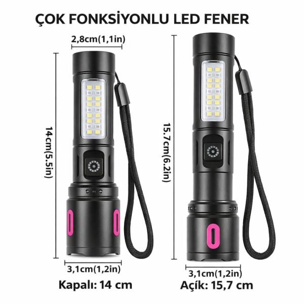 Alaska Şarjlı LED El Feneri | 1500–2000 Lümen | Zoomlu 500–600 m | Çift Işık Modlu | Type-C Şarjlı