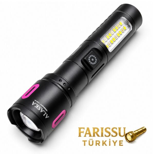 Alaska Şarjlı LED El Feneri | 1500–2000 Lümen | Zoomlu 500–600 m | Çift Işık Modlu | Type-C Şarjlı
