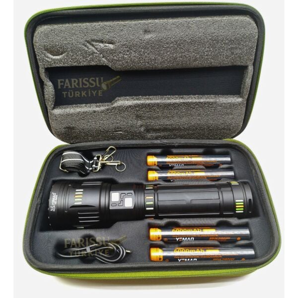 YM-G600 TG 3000M Süper Güçlü Şarjlı El Feneri 6000 Lümen 4×6000 mAh Pil Powerbank Çantalı