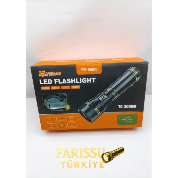 YM-G600 TG 3000M Süper Güçlü Şarjlı El Feneri 6000 Lümen 4×6000 mAh Pil Powerbank Çantalı