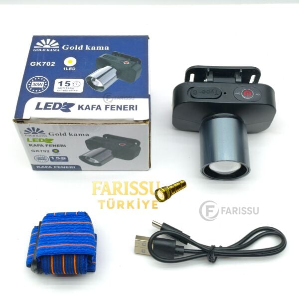 GK702 Şarjlı LED Kafa Feneri 3000 Lümen 30W – 3 Modlu (Düşük / Yüksek / Flaşör) Type-C Şarjlı 120 gr