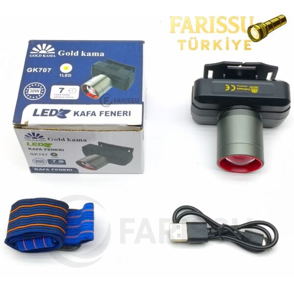 Gold Kama GK707 30W 3000 Lümen LED Kafa Feneri – Type-C Şarjlı, 3 Modlu