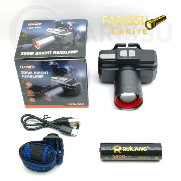 YES-620 Zoomlu Şarjlı Kafa Feneri – 18650 Pil 3800 mAh – Hafif ve Güçlü LED Baş Lambası