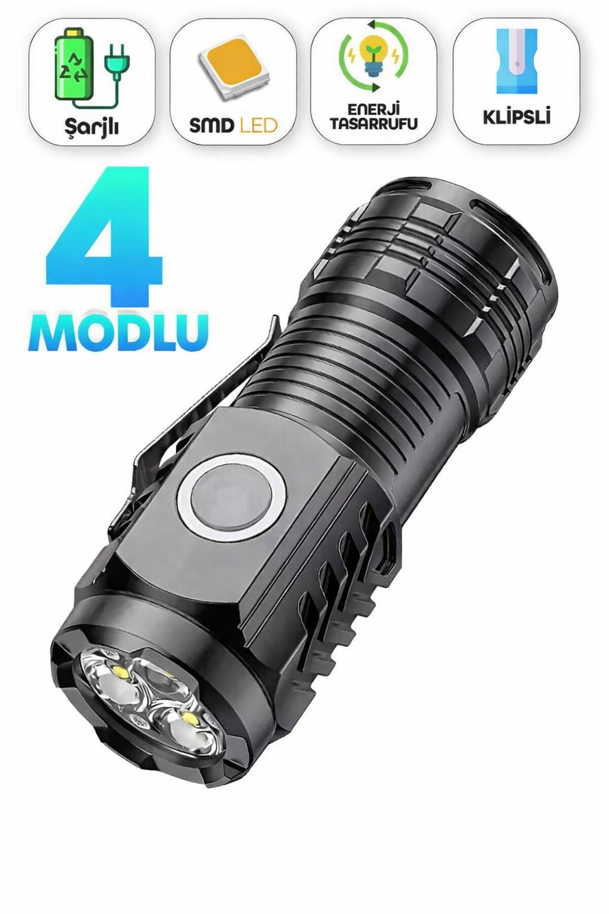 3 COB LED Şarjlı Mini El Feneri – 4 Modlu, Mıknatıslı ve Klipsli USB Fener