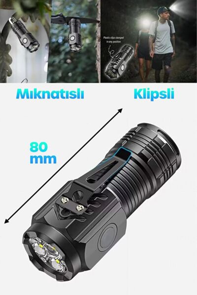 3 COB LED Şarjlı Mini El Feneri – 4 Modlu, Mıknatıslı ve Klipsli USB Fener