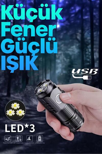 3 COB LED Şarjlı Mini El Feneri – 4 Modlu, Mıknatıslı ve Klipsli USB Fener