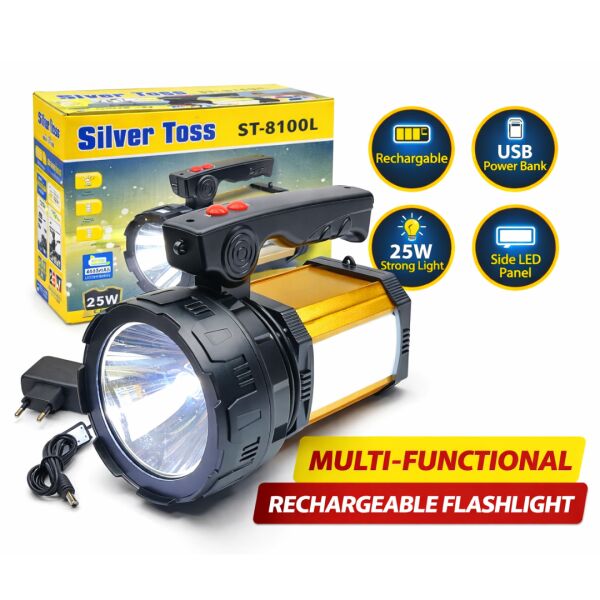 Silver Toss ST-8100L 25W Şarjlı El Feneri | 2500 Lümen | Yan LED Aydınlatmalı | Powerbank