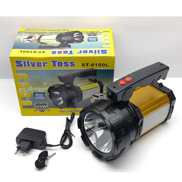 Silver Toss ST-8100L 25W Şarjlı El Feneri | 2500 Lümen | Yan LED Aydınlatmalı | Powerbank