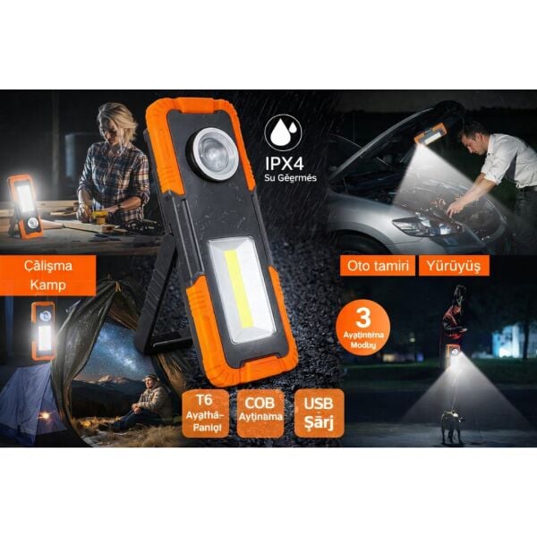 Şarjlı Tamirci Lambası | 3 Modlu LED Çalışma Lambası | Mıknatıslı & Askılı | IPX4 Suya Dayanıklı