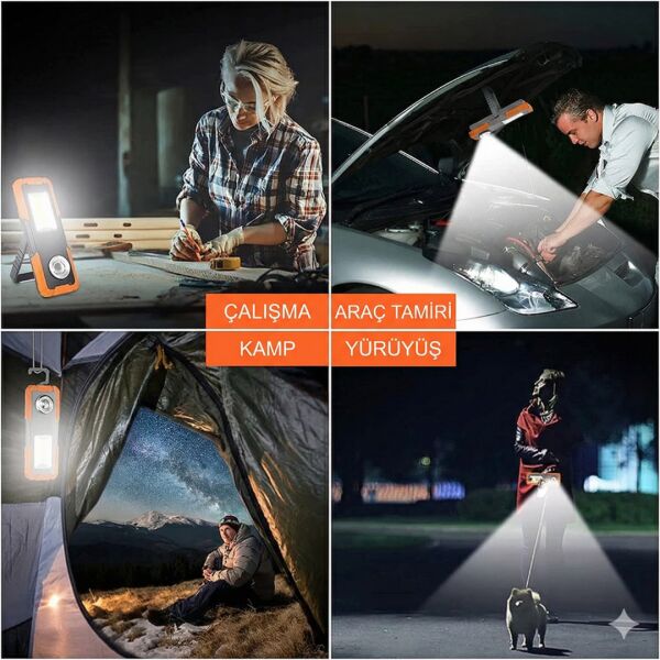Şarjlı Tamirci Lambası | 3 Modlu LED Çalışma Lambası | Mıknatıslı & Askılı | IPX4 Suya Dayanıklı