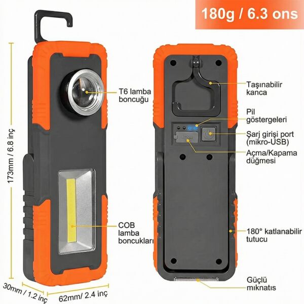 Şarjlı Tamirci Lambası | 3 Modlu LED Çalışma Lambası | Mıknatıslı & Askılı | IPX4 Suya Dayanıklı
