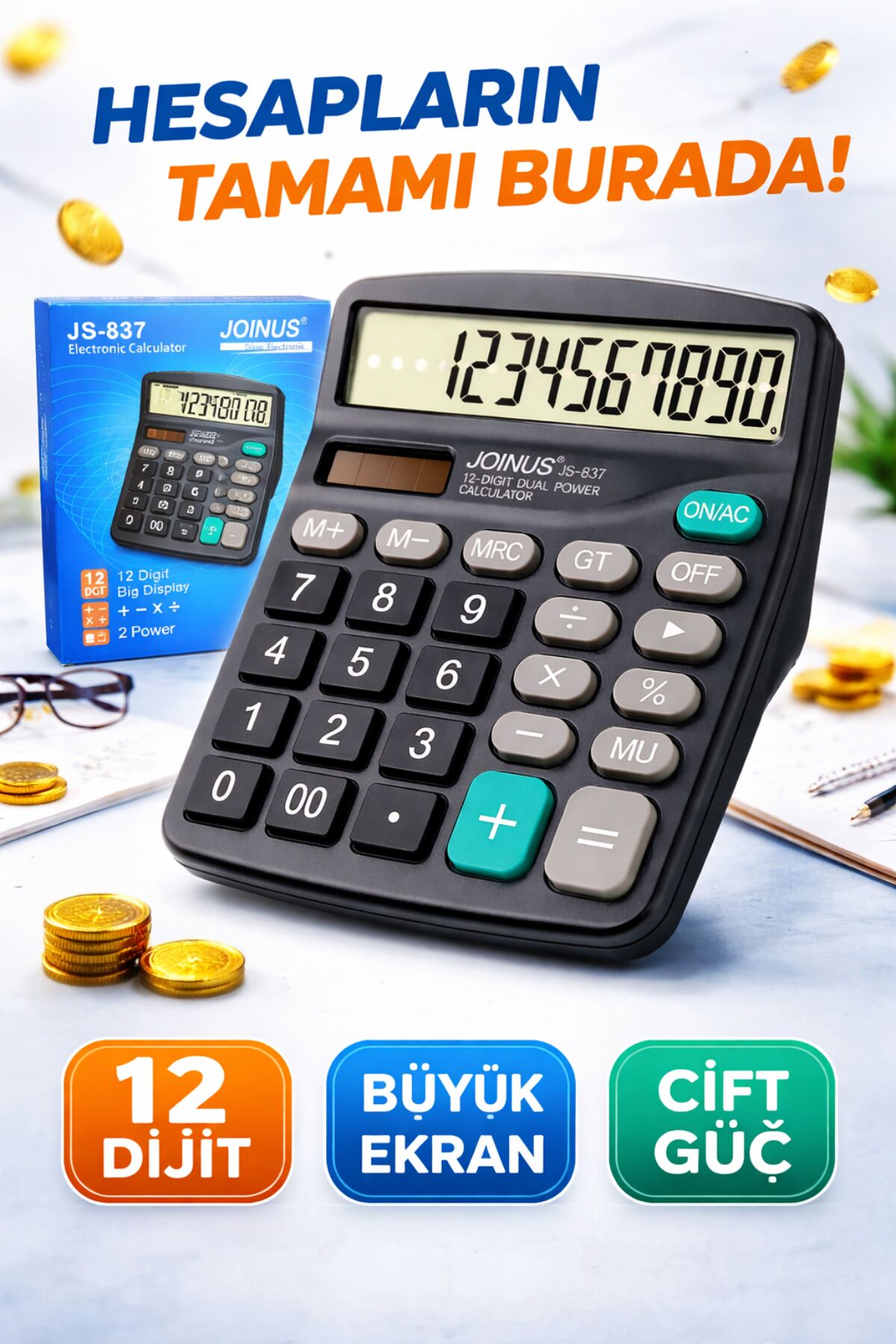 JOINUS JS-837 12 Haneli Büyük Ekran Hesap Makinesi – Çift Güçlü, Masaüstü