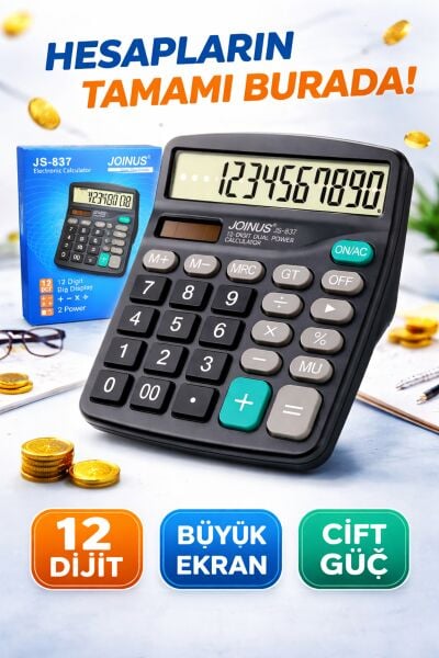 JOINUS JS-837 12 Haneli Büyük Ekran Hesap Makinesi – Çift Güçlü, Masaüstü