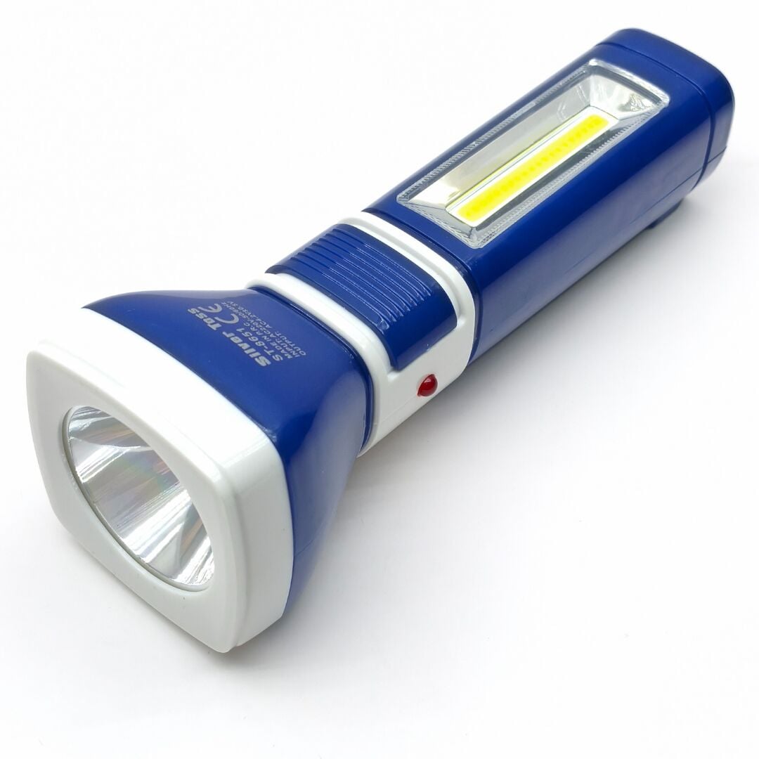 Şarjlı Çok Amaçlı LED El Feneri – Ön LED ve Yan COB Işık – USB Şarjlı – 17 cm
