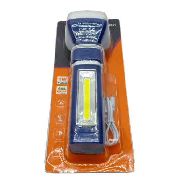 Şarjlı Çok Amaçlı LED El Feneri – Ön LED ve Yan COB Işık – USB Şarjlı – 17 cm