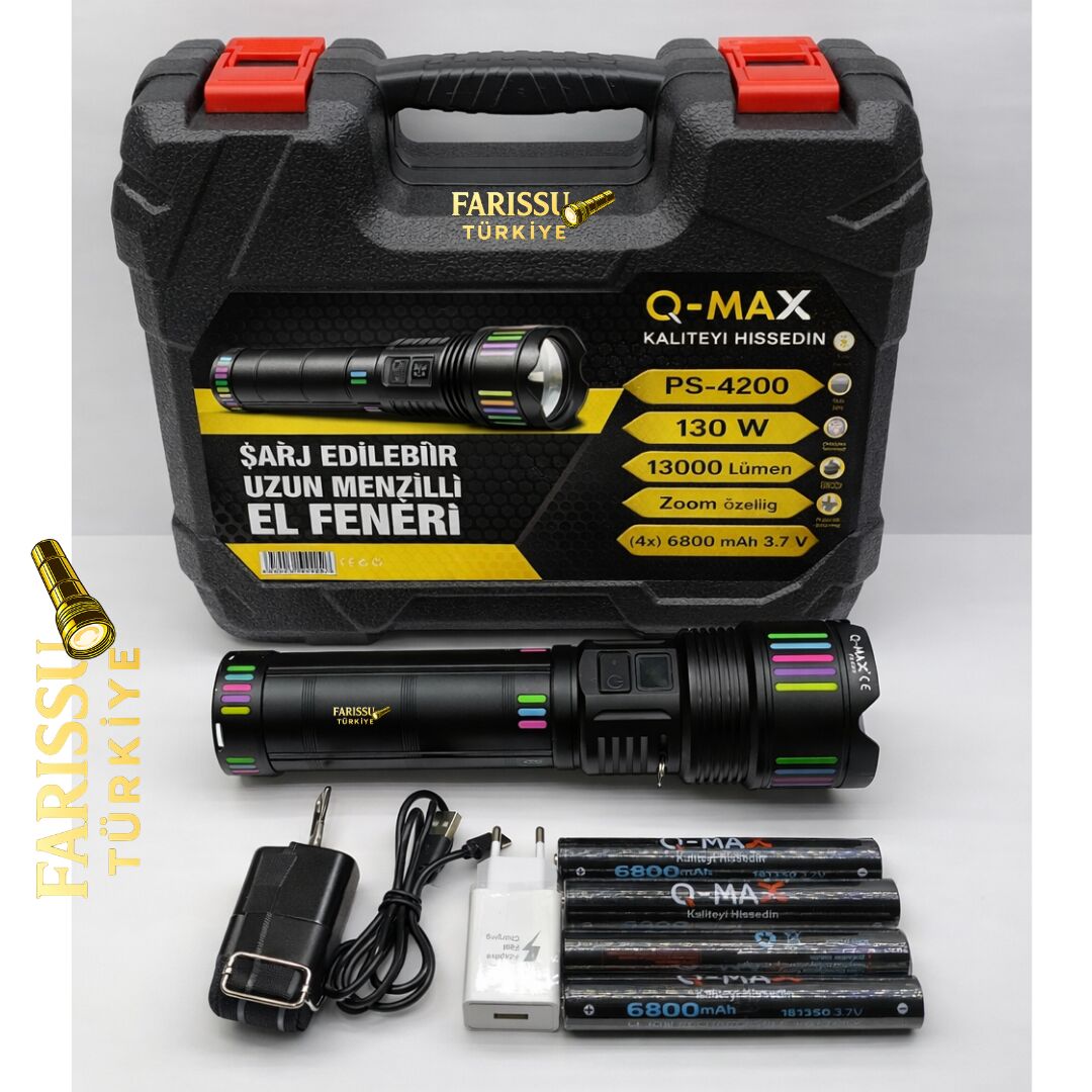 PS-4200 Şarj Edilebilir Profesyonel El Feneri 130W 13000 Lümen Tip-C Şarjlı Powerbank Özellikli Set