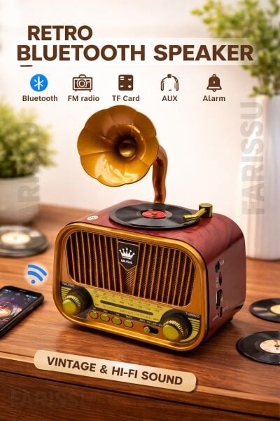 Nostaljik Gramofon Tasarımlı Bluetooth Radyo – FM/AM/SW – USB & TF Kart Destekli – Type-C Şarjlı