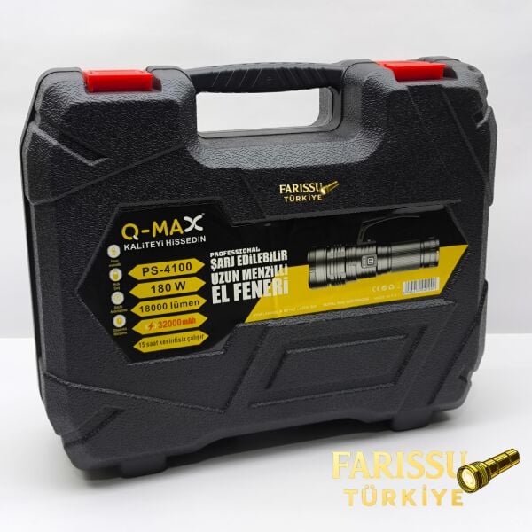 Q-MAX  Profesyonel Şarj Edilebilir Uzun Menzilli El Feneri 150W 15000 Lümen Zoomlu – Çantalı Set