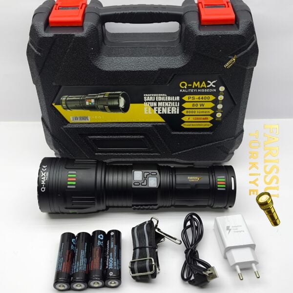 Q-MAX PS-4400 Şarj Edilebilir Uzun Menzilli Profesyonel El Feneri 80W 8000 Lümen Powerbank Özellikli