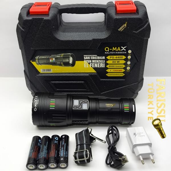 Q-MAX PS-4400 Şarj Edilebilir Uzun Menzilli Profesyonel El Feneri 80W 8000 Lümen Powerbank Özellikli