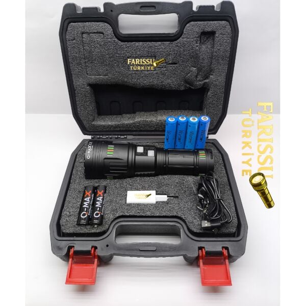 Uzun Menzilli Profesyonel El Feneri 80W 8000 Lümen Powerbank Özellikli + 4 Adet Yedek Pil