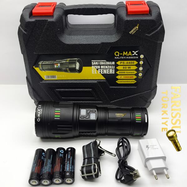 Uzun Menzilli Profesyonel El Feneri 80W 8000 Lümen Powerbank Özellikli + 4 Adet Yedek Pil
