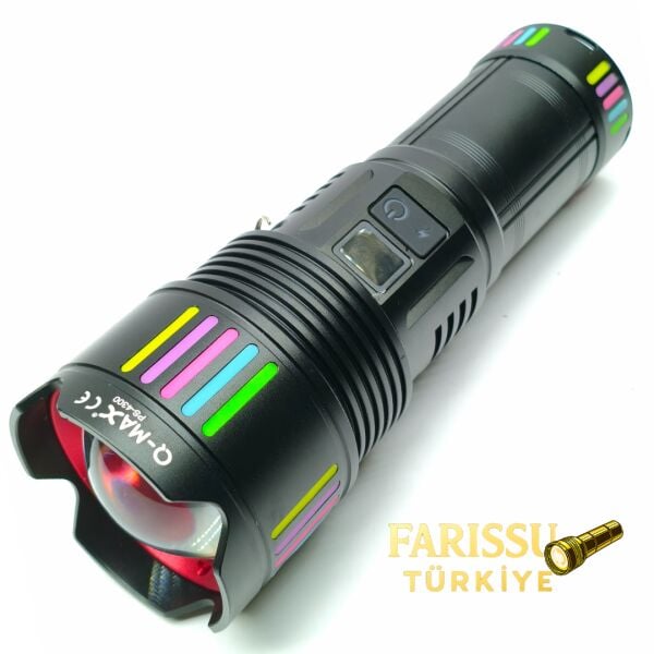 Q-MAX PS-4300 90W 9000 Lümen Şarj Edilebilir Uzun Menzilli Profesyonel El Feneri – Dijital Göstergeli, Zoomlu, 5 Modlu