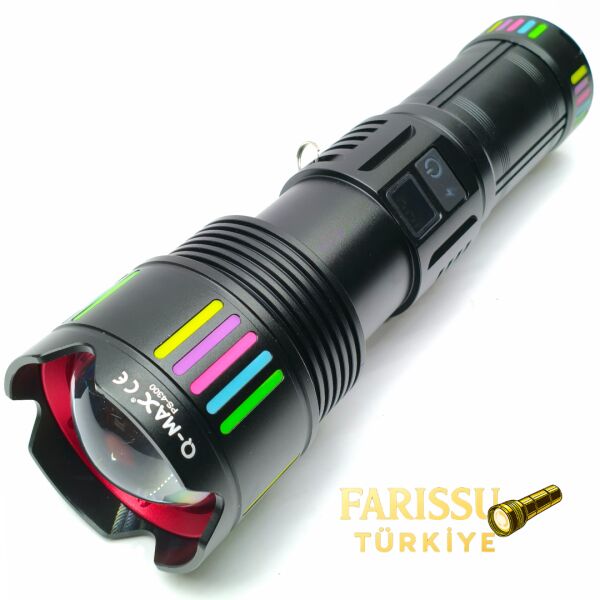 Q-MAX PS-4300 90W 9000 Lümen Şarj Edilebilir Uzun Menzilli Profesyonel El Feneri – Dijital Göstergeli, Zoomlu, 5 Modlu