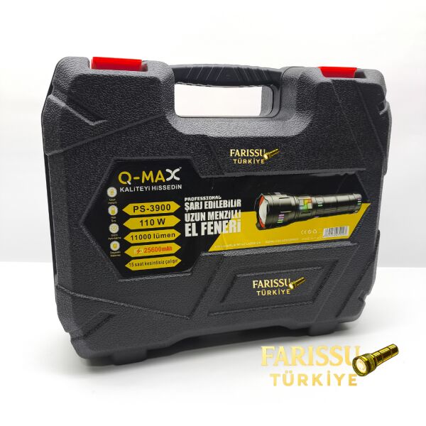 Q-MAX PS-4300 90W 9000 Lümen Şarj Edilebilir Uzun Menzilli Profesyonel El Feneri – Dijital Göstergeli, Zoomlu, 5 Modlu