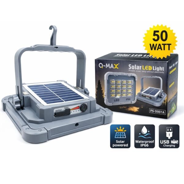 Q-MAX 50W Solar LED Projektör IP66 | 5 Modlu | USB Şarjlı | Polis Çakar Modlu