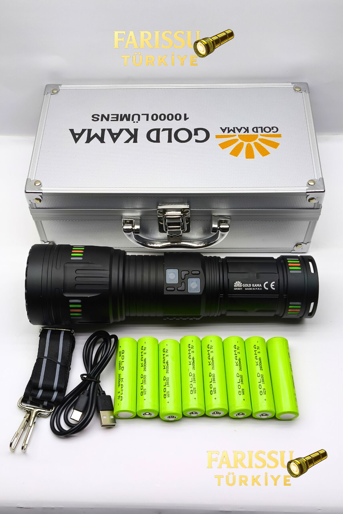 GK601 10000 Lümen El Feneri | 8×18650 Pil (4 Yedek) | Metal Gövde | Özel Taşıma Kutulu