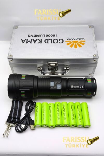 GK601 10000 Lümen El Feneri | 8×18650 Pil (4 Yedek) | Metal Gövde | Özel Taşıma Kutulu