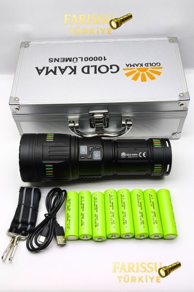 GK601 10000 Lümen El Feneri | 8×18650 Pil (4 Yedek) | Metal Gövde | Özel Taşıma Kutulu