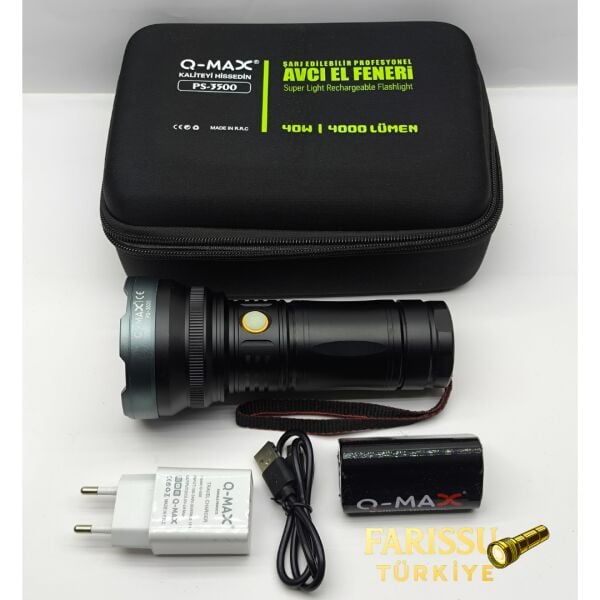 Q-MAX PS-3500 Şarjlı Profesyonel Avcı El Feneri 4000 Lümen 1 KM Menzil 7800 mAh