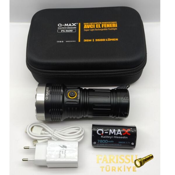 Q-MAX PS-3600 Şarjlı Avcı El Feneri | 38650 7800 mAh Pil | 3500 Lümen | Profesyonel