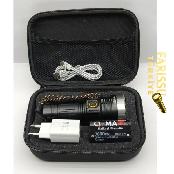 Q-MAX PS-3600 Şarjlı Avcı El Feneri | 38650 7800 mAh Pil | 3500 Lümen | Profesyonel