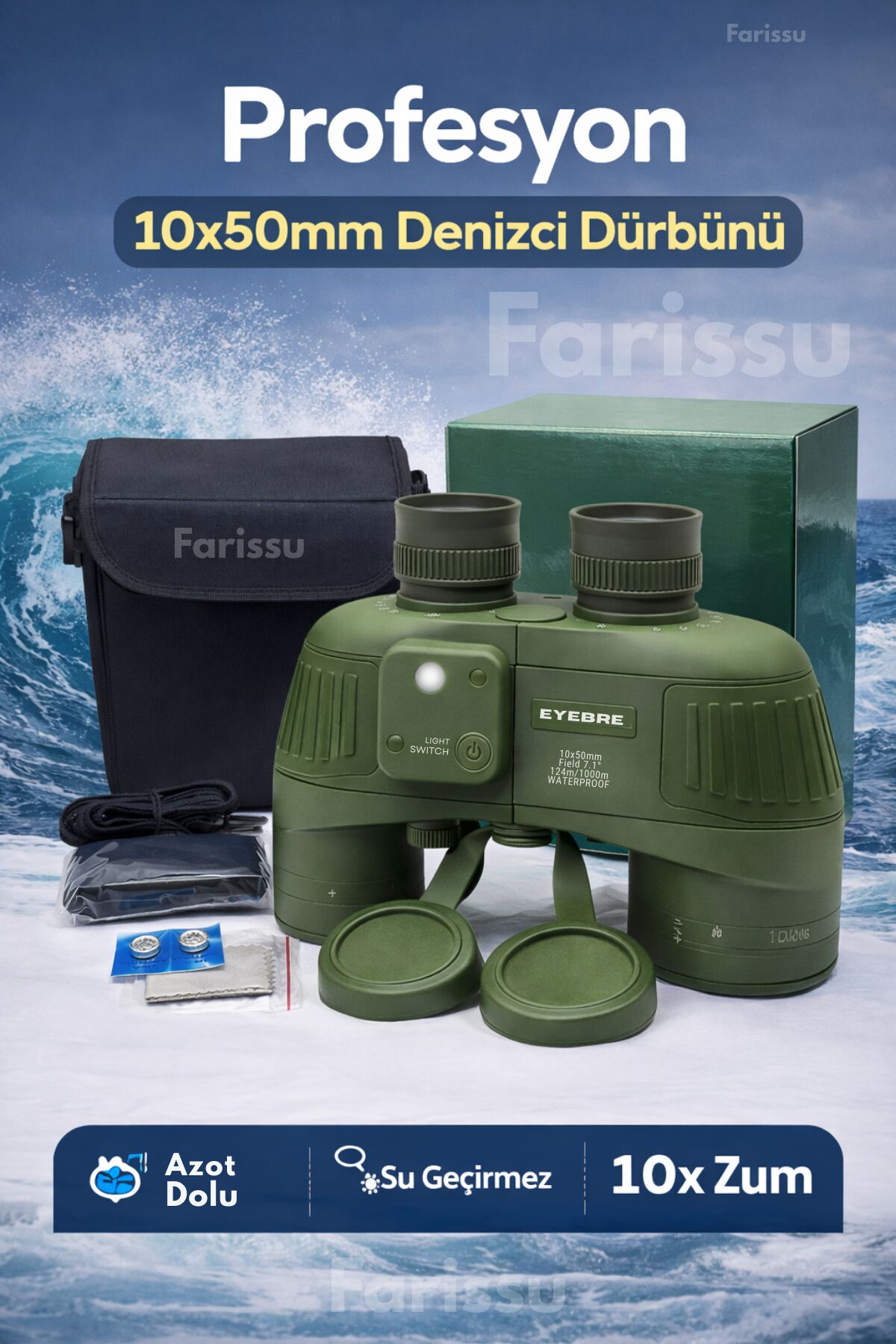 Profesyön 10x50 mm Azot Dolu Su Geçirmez Denizci Dürbünü – Işıklı Pusulalı, Profesyonel Optik Dürbün
