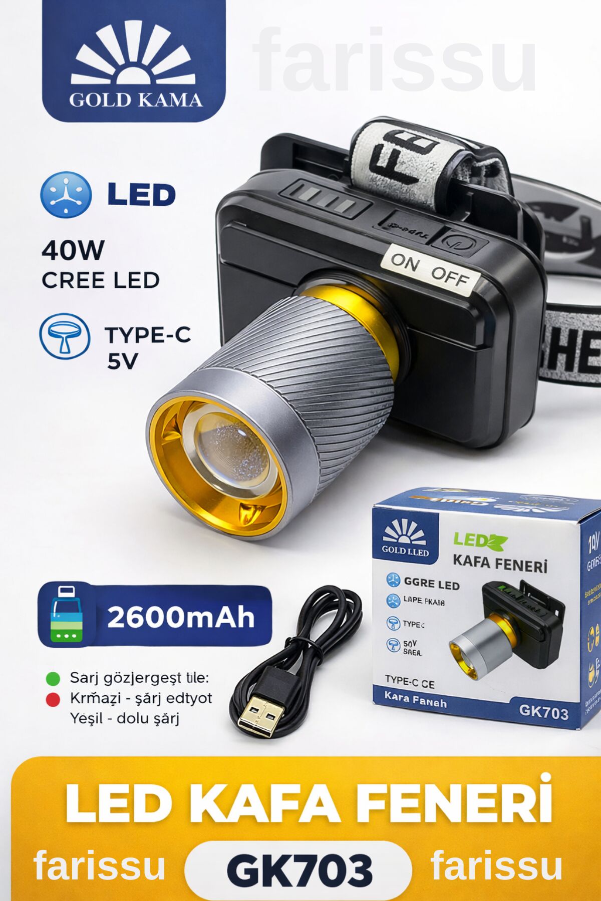 GK703 LED Kafa Lambası | 4000 Lümen | 40W Cree LED | Type-C Şarjlı | 3 Mod | Zoomlu